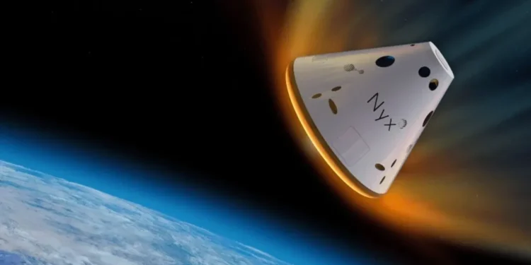 Ilustração da cápsula Nyx durante a reentrada na atmosfera terrestre (The Exploration Company/ESA/Reprodução)