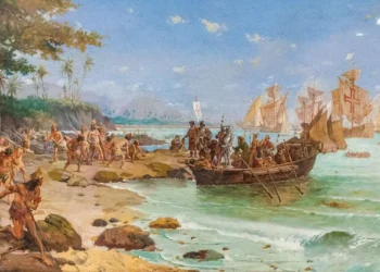 Quadro de Oscar Pereira da Silva representa o desembarque dos portugueses em Porto Seguro