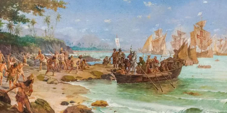 Quadro de Oscar Pereira da Silva representa o desembarque dos portugueses em Porto Seguro