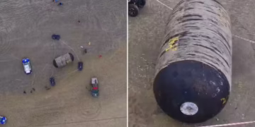 Objeto estranho encontrado em praia brasileira deixa todos assustados - Imagem: Divulgação/Rômulo Roberto Venâncio/Drone.R7