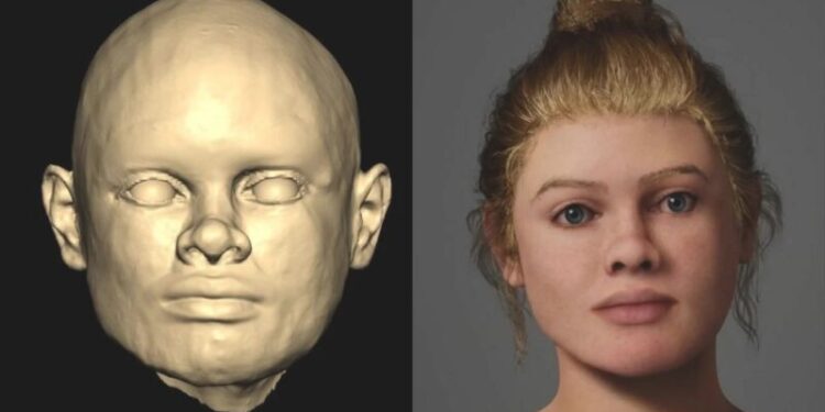Esqueleto de mulher da era romana tem rosto revelado com estudo de DNA - Imagem:  Divulgação/Journal of Archaeological Science/Laboratório de Reconstrução Facial da Universidade Liverpool