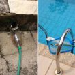 a agua que sai do cano cai na garrafa pet e ajuda a encher a piscina em casa no sao pedro