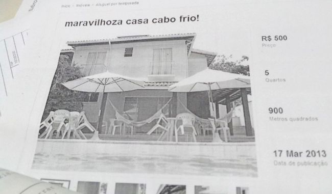 Reprodução/Marcos Araújo Anúncio cobrava R$ 500 por diária de casa em Cabo Frio