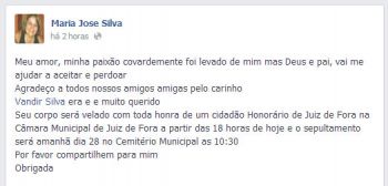 Reprodução Facebook Viúva Maria José Silva agradeceu pelo Facebook o carinho dos amigos