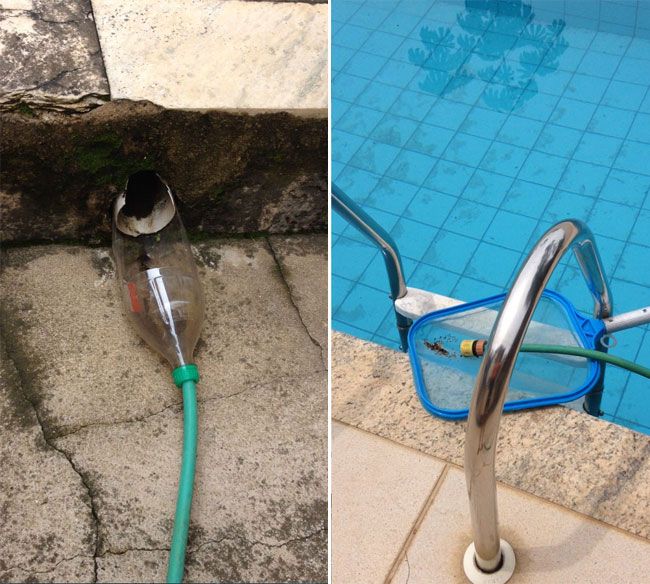 A água que sai do cano cai na garrafa pet e ajuda a encher a piscina em casa no São Pedro