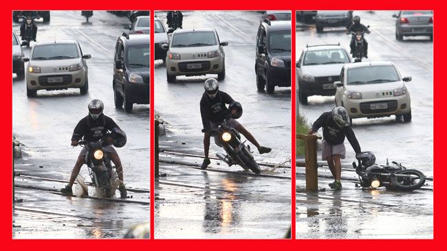 Tribuna flagrou momento em que motociclista foi vítima do desnível no asfalto no Mariano