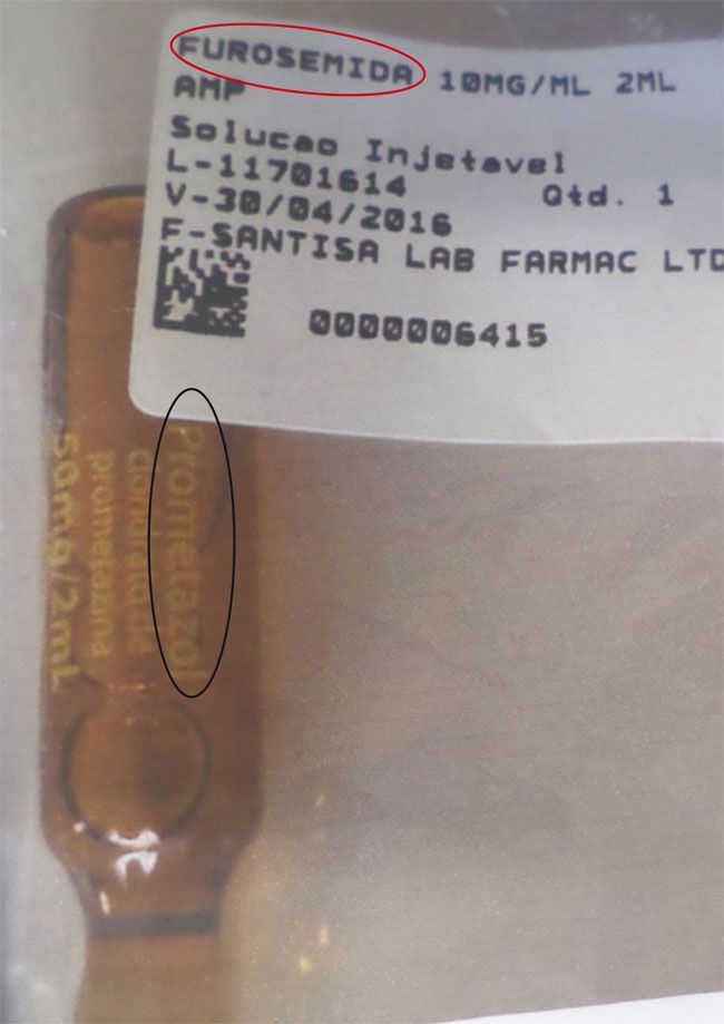 Vistoria no HPS 2 Prometazol está com nome de Furosemida (detalhe) em etiqueta afixada pela UniHealth