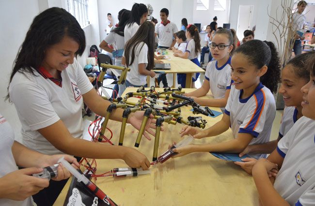 Feira de Ciências da UFJF 2 Escorpião hidráulico foi apresentado por alunas de uma escola estadual da cidade de Santos Dumont (Marcelo Ribeiro/21-10-15)