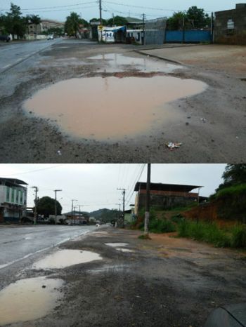 Nas calçadas de terra, pedestres enfrentam buracos, água e barro