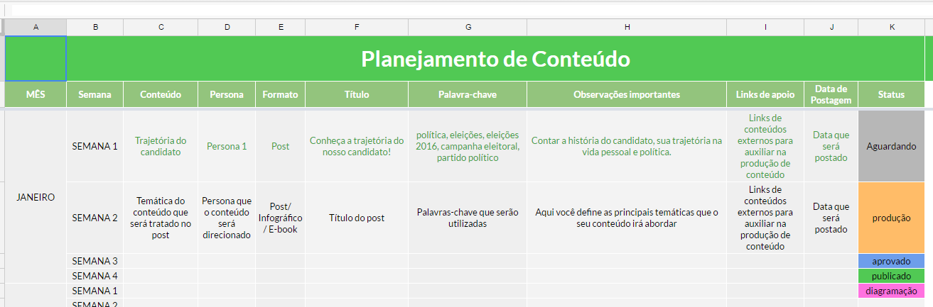 Planejamento conteúdo calendario