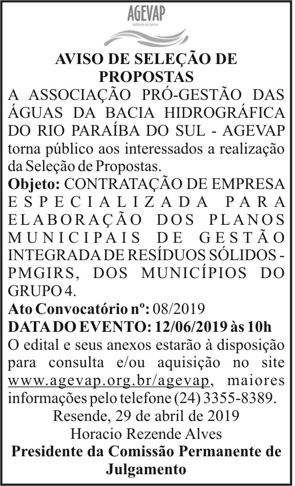Aviso de seleção de propostas 20 1 AGEVAP 081