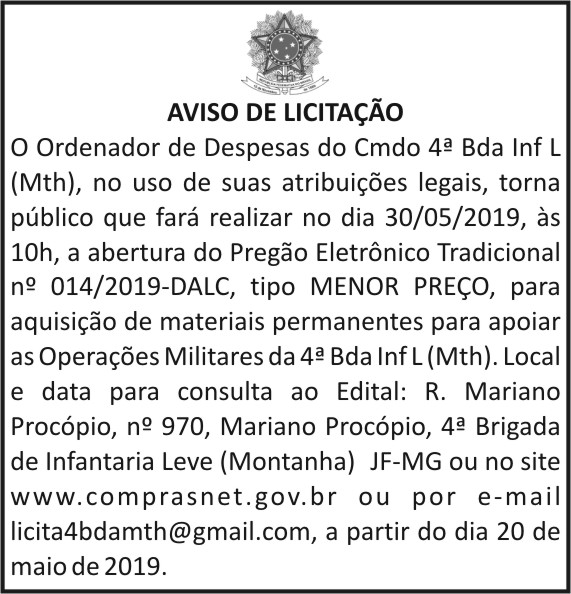 Aviso de licitação 4º Bda Inf L (Mth) 4 1 4BDA 014