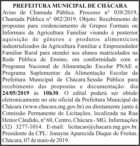 Prefeitura Municipal de Chácara n° 038/2019 4 1 CHACARA 038.