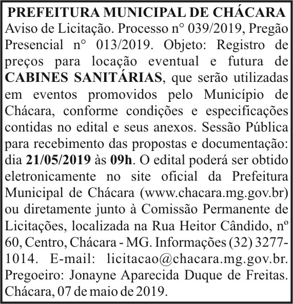 Prefeitura Municipal de Chácara n°039/2019 4 1 CHACARA 039.
