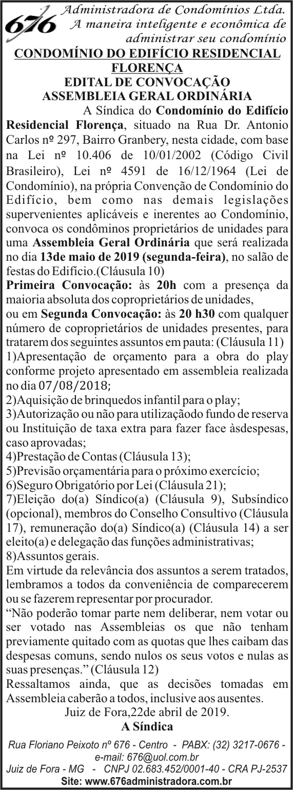 Condomínio do Edifício Residencial Florença 4 1 FLORENÇA ORDINARIA.