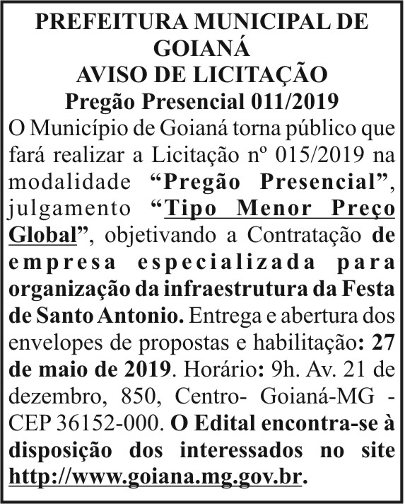 Prefeitura Municipal de Goianá - Aviso de Licitação 4 1 GOIANA 011.