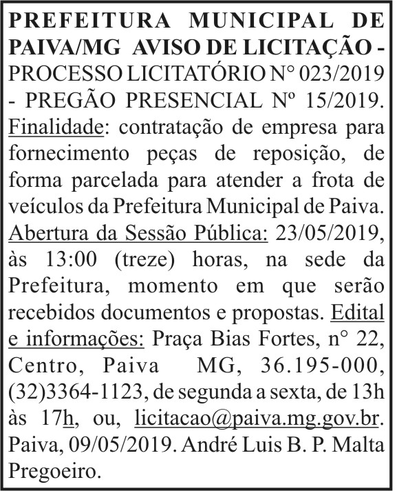 Prefeitura Municipal de Paiva/MG - Aviso de Licitação 4 1 PAIVA 023.