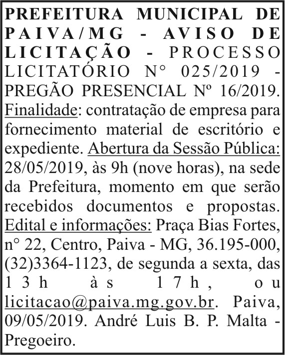 Prefeitura Municipal de Paiva/MG - Aviso de Licitação 4 1 PAIVA 025.
