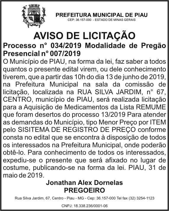 Prefeitura Municipal de Piau - Aviso de Licitação 4 1 PIAU 034