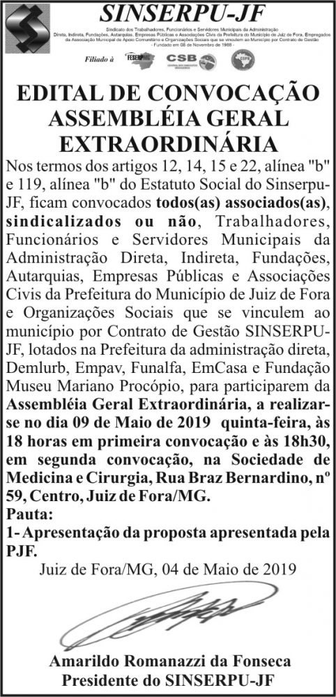 Edital de Convocação Assembléia Geral Extraordinária 4 1 SINSERPU.1