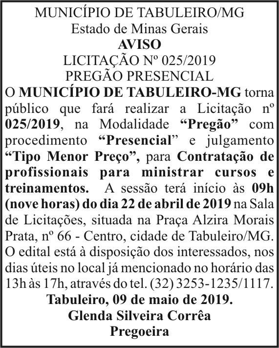 Tabuleiro/MG - Licitação N°025/2019 4 1 TABULEIRO 025.