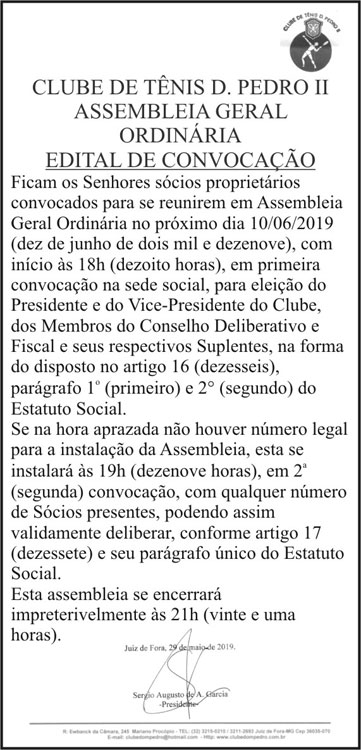 Clube de Tênis D. Pedro II - Assembleia Geral Ordinária 4 1 TENIS