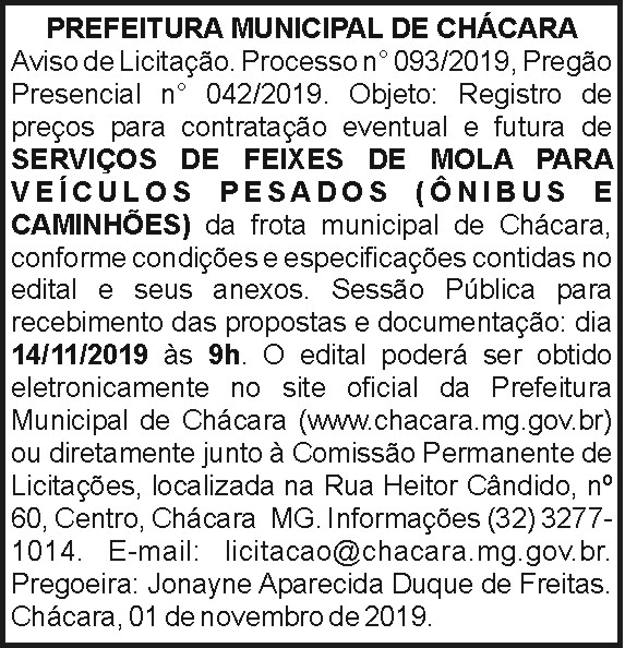 Aviso de Licitação - Prefeitura de Chácara 4 1 CHACARA 093