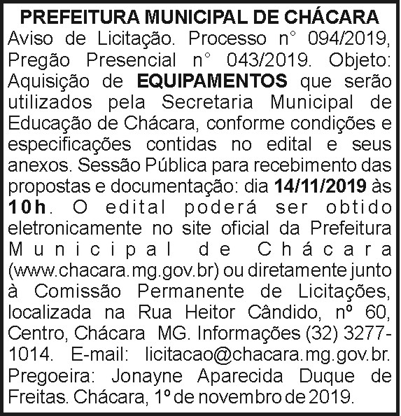 Aviso de Licitação - Prefeitura de Chácara 4 1 CHACARA 094