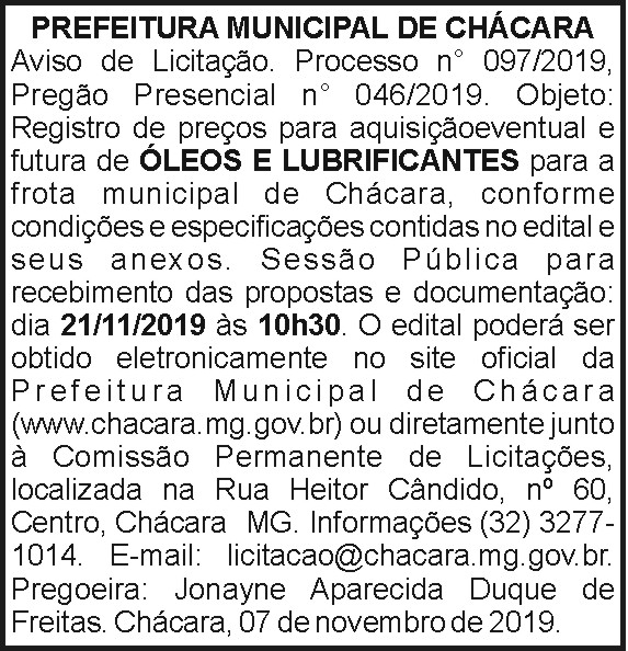 Prefeitura Municipal de Chácara - Aviso de licitação 4 1 CHACARA 097