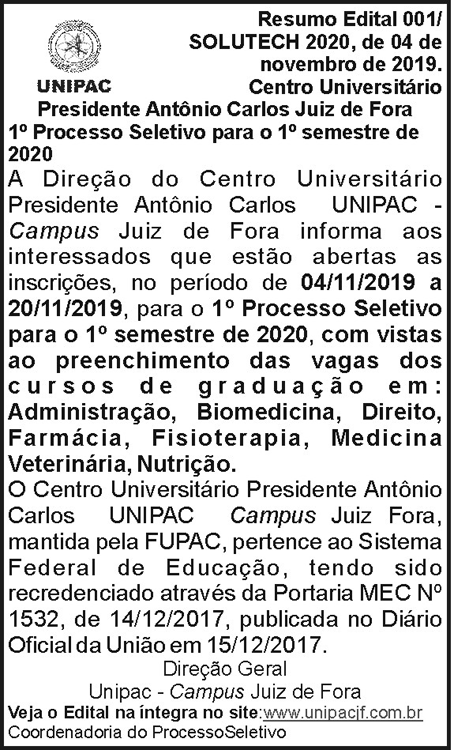 Resumo Edital 001/Solutech 2020 - Unipac 4 1 UNIPAC 001