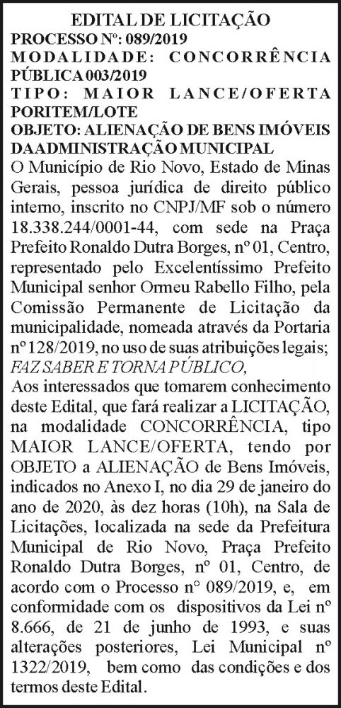 Licitação - Prefeitura Municipal de Rio Novo 4 1 RIO NOVO 089