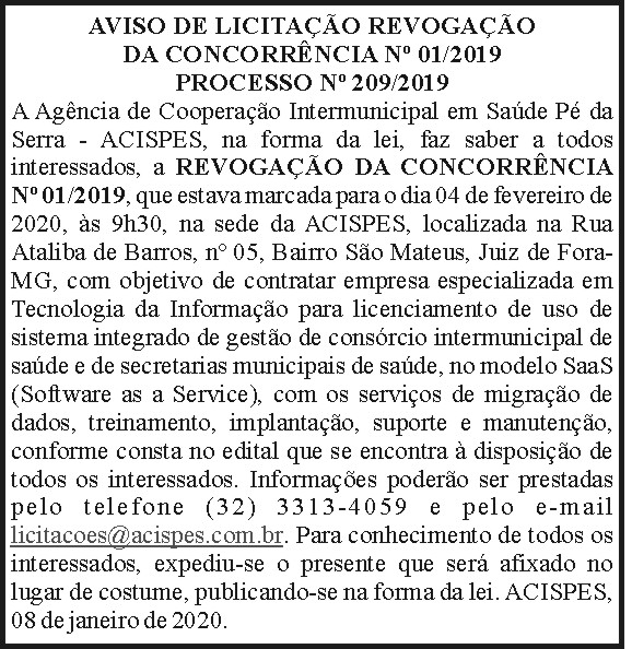 Aviso de Licitação revogação da concorrência - ACISPES 4 1 ACISPES 209