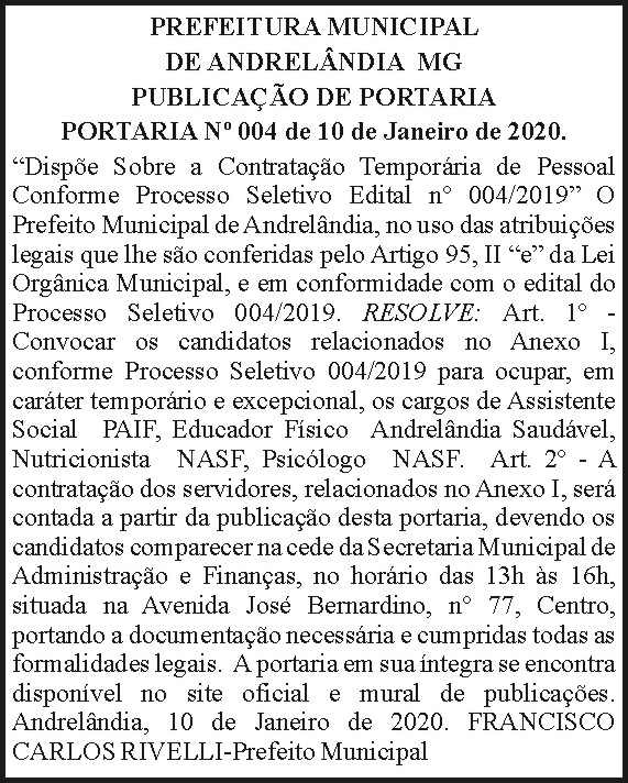 Prefeitura Municipal de Andrelândia 4 1 ANDRELANDIA 004
