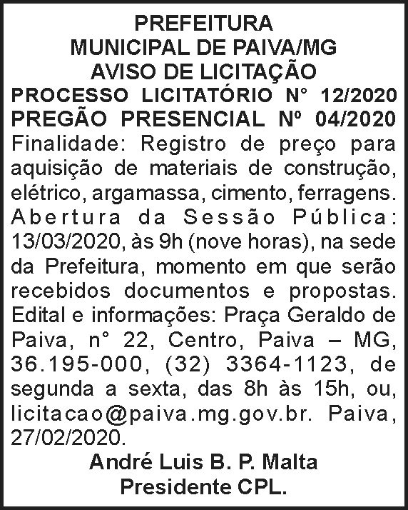 Prefeitura Municipal de Paiva/MG 4 1 PAIVA 12