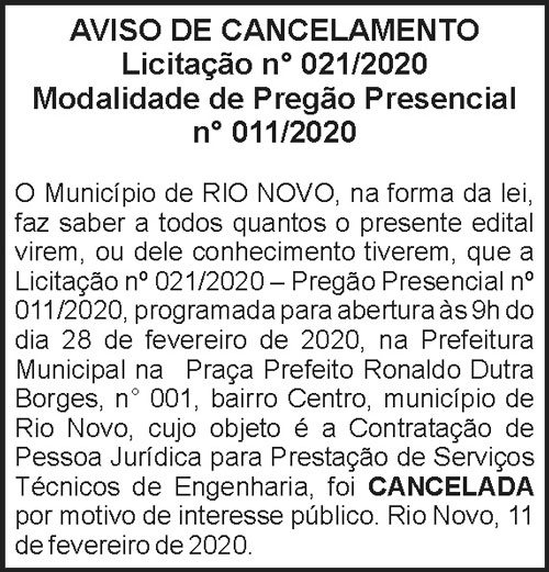 Aviso de cancelamento - Rio Novo 4 1 RIO NOVO 021 1