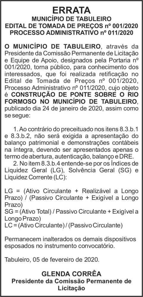 Município de Tabuleiro - Errata 4 1 TABULEIRO 011
