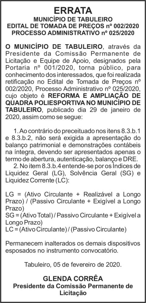 Município de Tabuleiro - Errata 4 1 TABULEIRO 025
