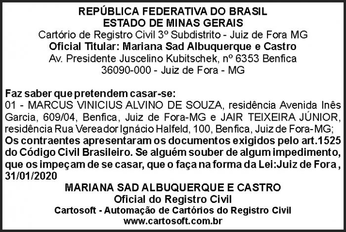 Cartório de Registro Civil - 3º Subdistrito 4 AVISO MARCUS