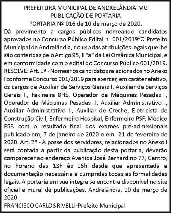 Prefeitura Municipal de Andrelândia 4 1 ANDRELANDIA 016