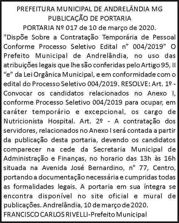 Prefeitura Municipal de Andrelândia 4 1 ANDRELANDIA 017