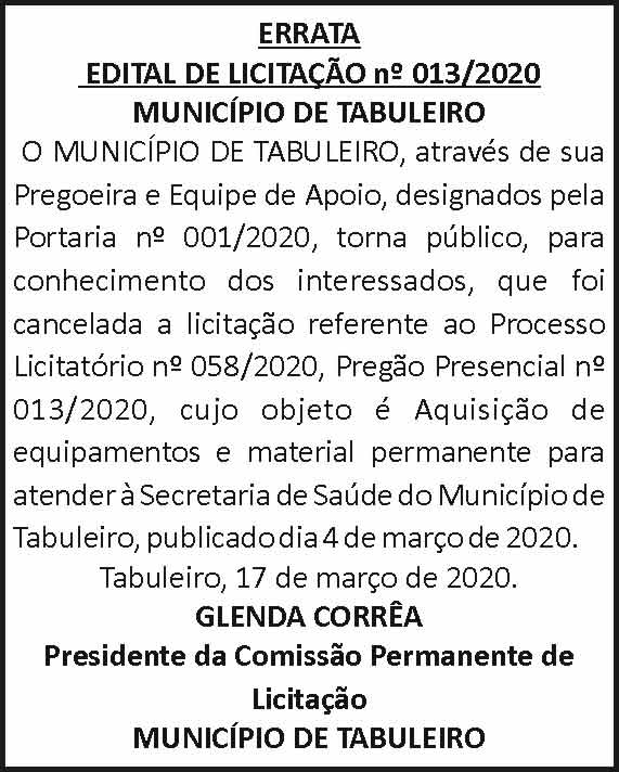 Edital de licitação 013/2020 - Tabuleiro 4 1 TABULEIRO 013