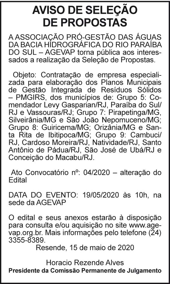 Agevap - Aviso de seleção de propostas 4 1 AGEVAP04