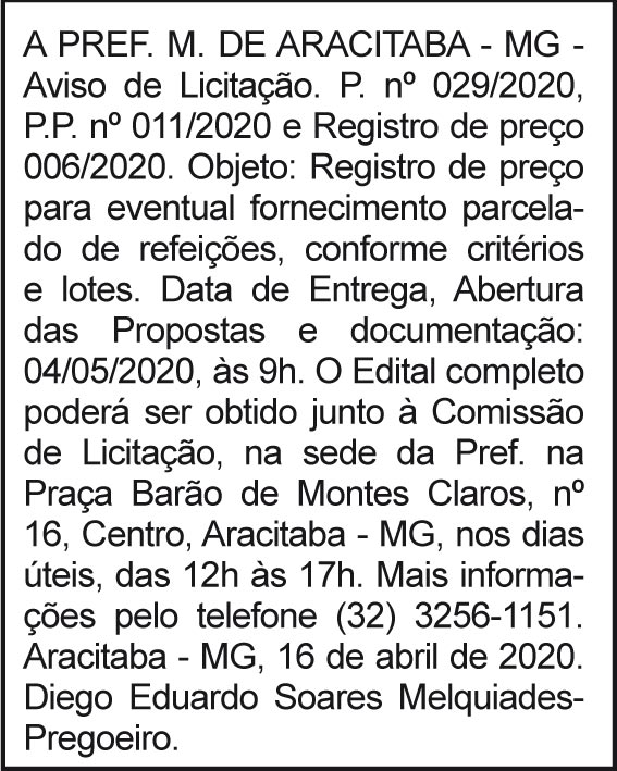 Prefeitura Municipal de Aracitaba - Aviso de Licitação 4 1 ARACITABA 029