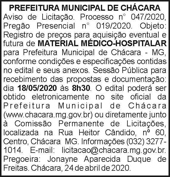 Prefeitura Municipal de Chácara 047/2020 4 1 CHACARA 047