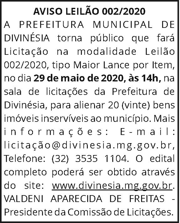 Prefeitura Municipal de Divinésia - Aviso de Leilão 4 1 DIVINESIA 002
