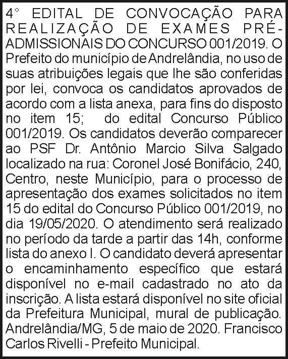 Prefeitura Municipal de Andrelândia 4 1 ANDRELANDIA 001
