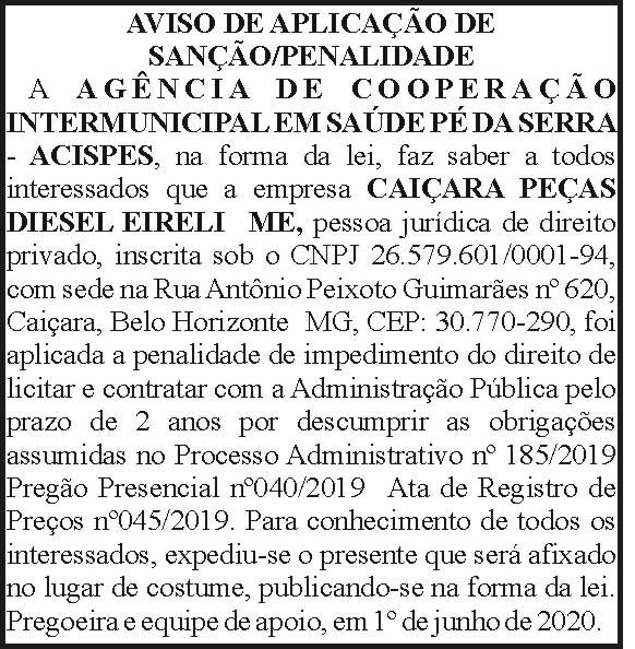Acispes - Aviso de Aplicação de Sanção/Penalidade 4 1 ACISPES