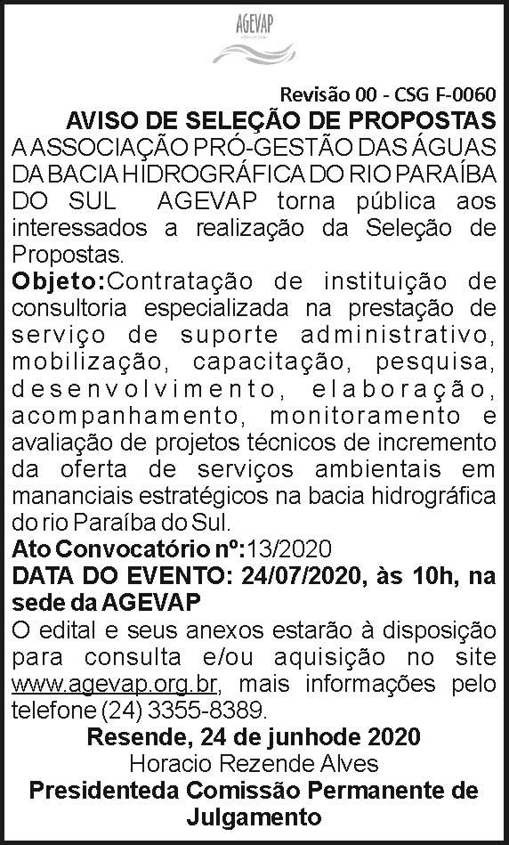 Agevap - Aviso de seleção de propostas 4 1 AGEVAP 13