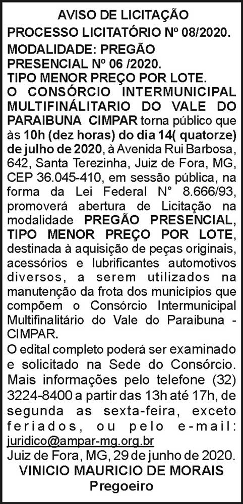 Cimpar - Aviso de licitação 08/2020 4 1 CIMPAR 08
