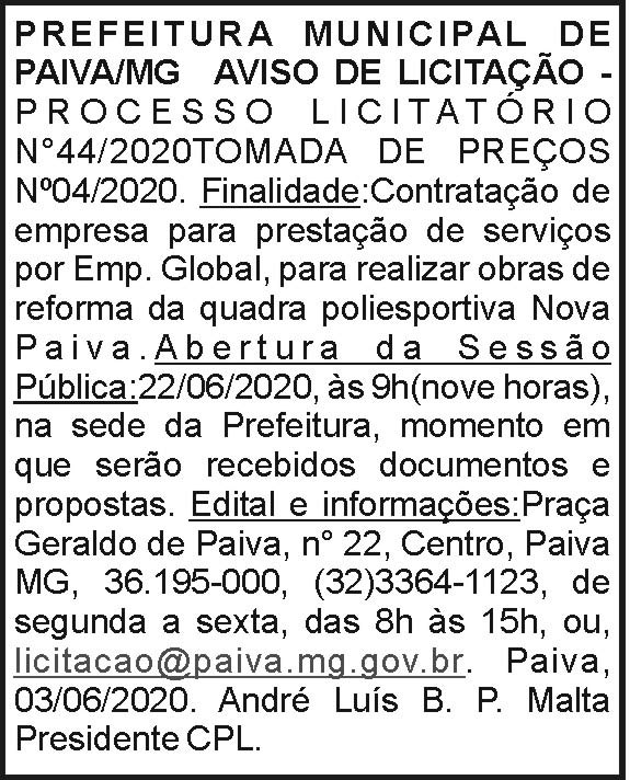 Prefeitura Municipal de Paiva - Aviso de Licitação 4 1 PAIVA 44